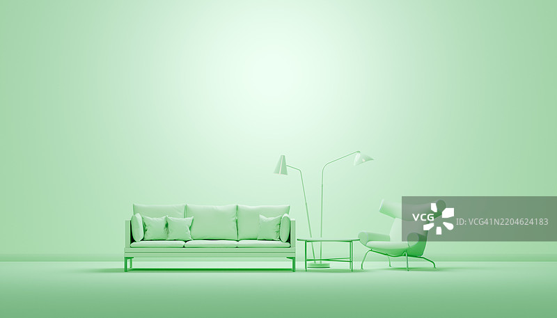 宁静现代的淡绿色客厅，配有简约家具图片素材