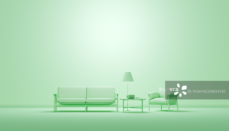 宁静的浅绿色客厅，配有简单优雅的家具图片素材