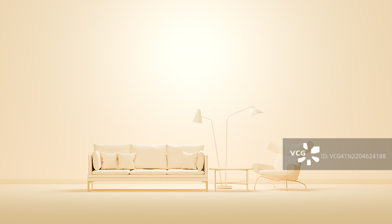 宁静的单色调：淡黄色的开放式客厅图片素材