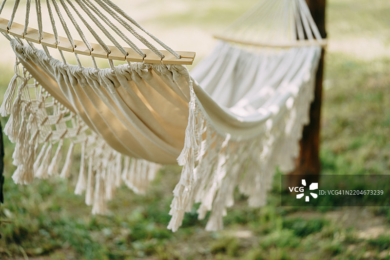 空荡荡的放松吊床悬挂在宁静花园中的树上图片素材