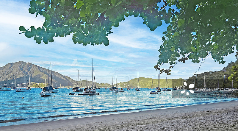 一个宁静的傍晚，码头上停满了许多船只。图片素材