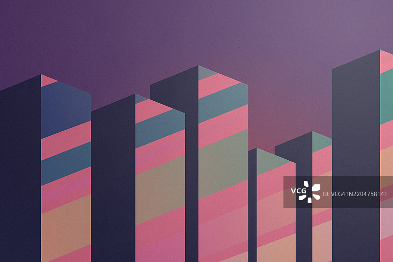 黄昏时分城市天际线中五彩斑斓的摩天大楼抽象插图图片素材