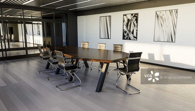 现代办公室中空椅子靠近桌子的3D渲染图图片素材