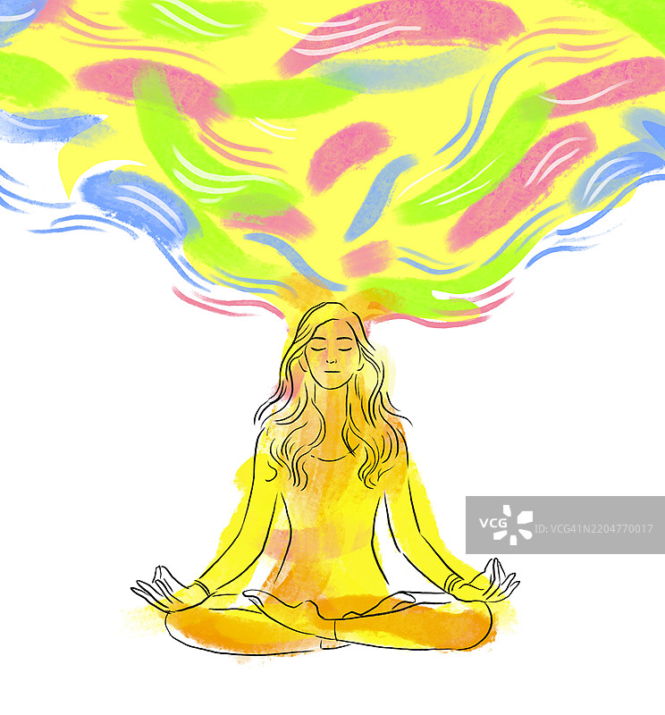 色彩斑斓的插图，描绘一个人冥想与抽象图案相结合图片素材