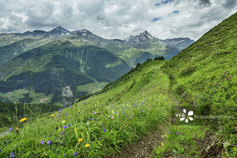 意大利阿尔恩塔尔山谷附近的草地，前方是云雾缭绕的里泽尔费尔纳山脉。图片素材