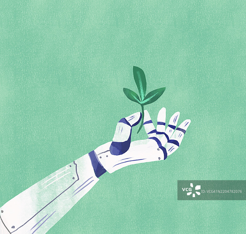 机器人手握着一株绿色植物，象征着科技与自然的融合图片素材