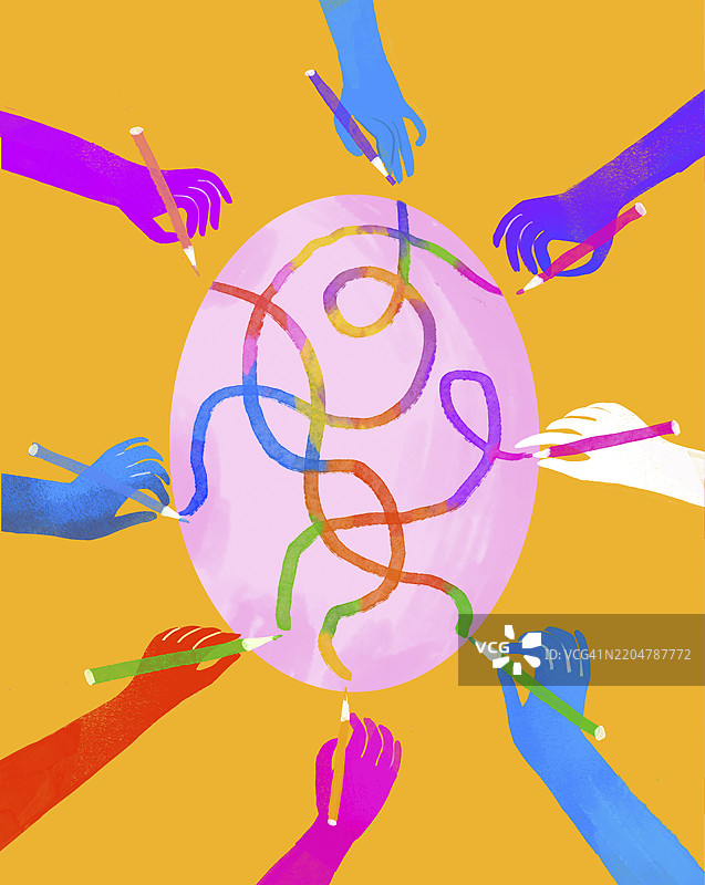 五彩缤纷的插图，展示双手用铅笔装饰复活节彩蛋图片素材