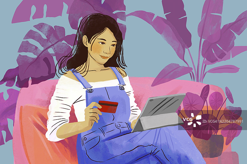 女孩坐在沙发上用平板电脑和信用卡进行在线购物的插图图片素材