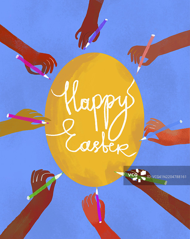 用铅笔装饰五彩复活节彩蛋的手插图，附有“复活节快乐”的祝福。图片素材