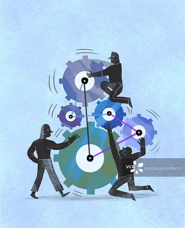 工人们合作搭建齿轮机制的插图图片素材