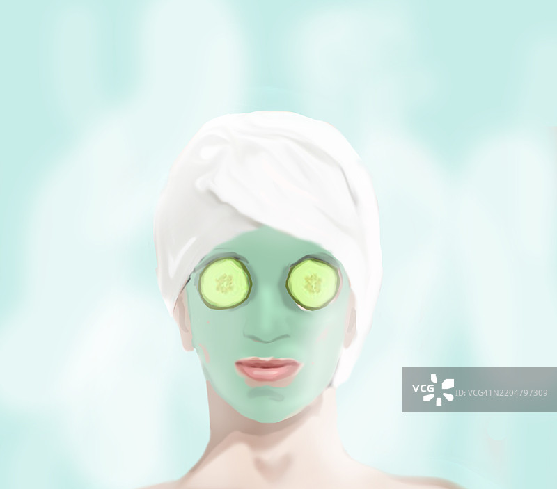 在桑拿中戴着面膜和黄瓜的人插图图片素材