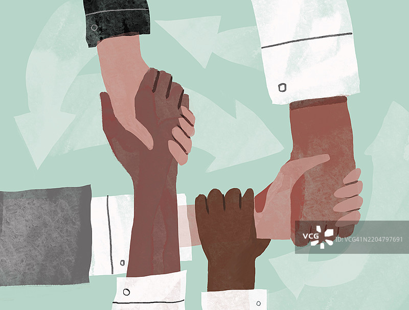 象征团队合作与团结的多样化手握手插图图片素材