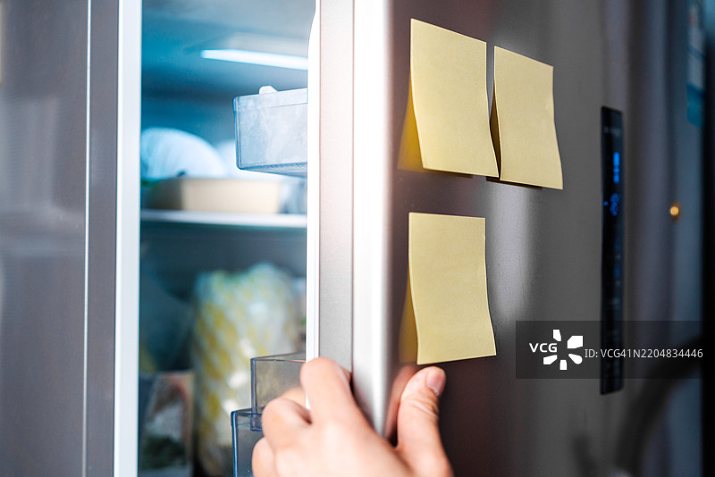 在冰箱上使用便利贴作为备忘录。图片素材