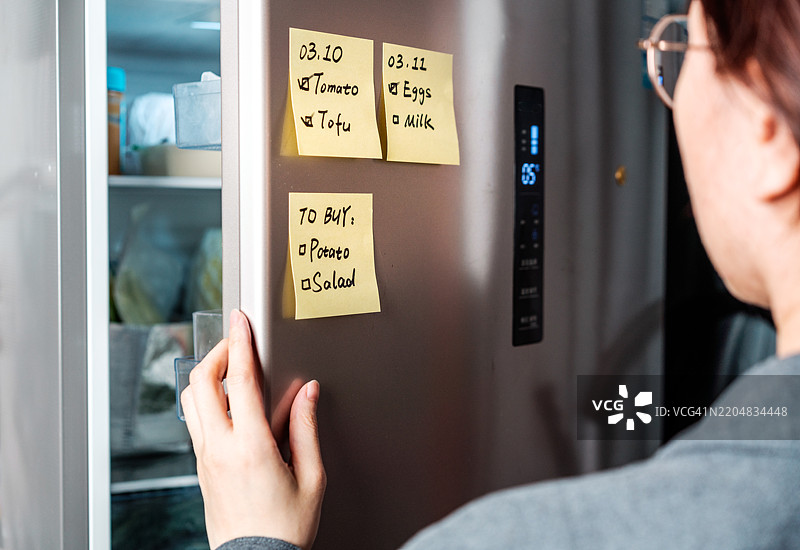 在冰箱上使用便利贴作为备忘录。图片素材