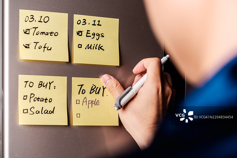 在冰箱上使用便利贴作为备忘录。图片素材