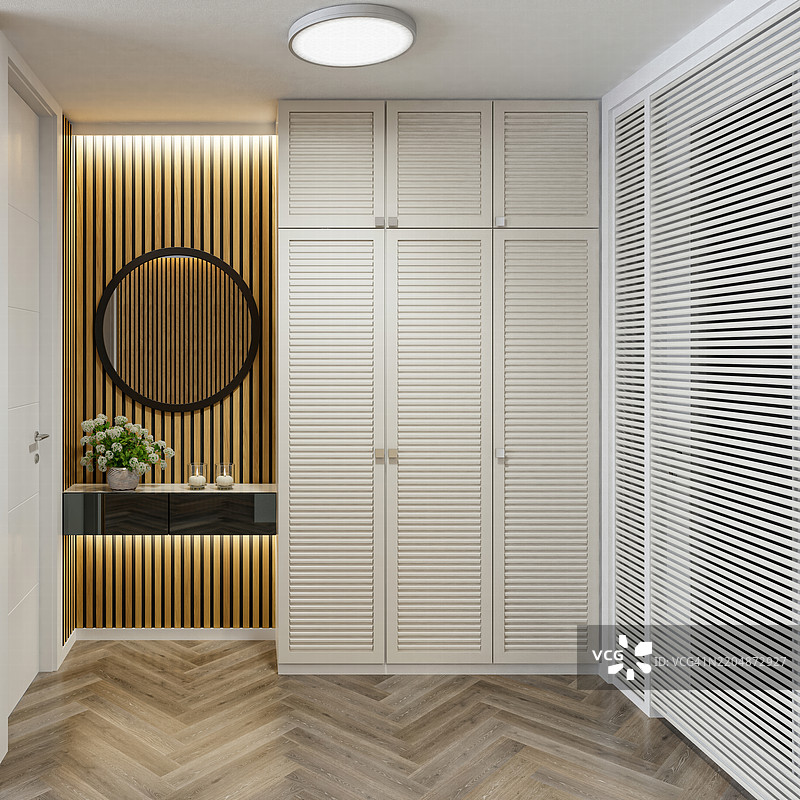 时尚现代公寓入口，带有木质装饰的斯堪的纳维亚风格图片素材