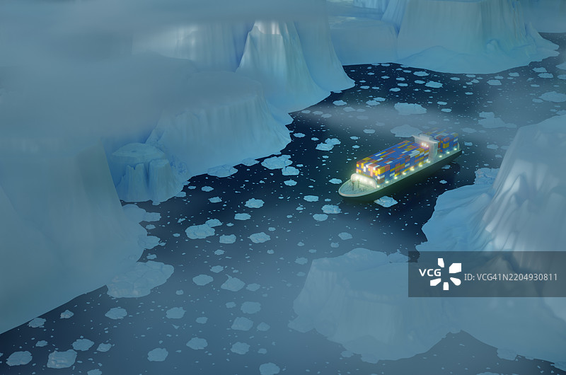 北海航线的概念。一艘货船在北极冰层之间运输集装箱。图片素材