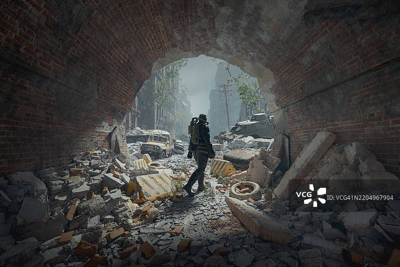 在被毁坏的城市中的士兵图片素材