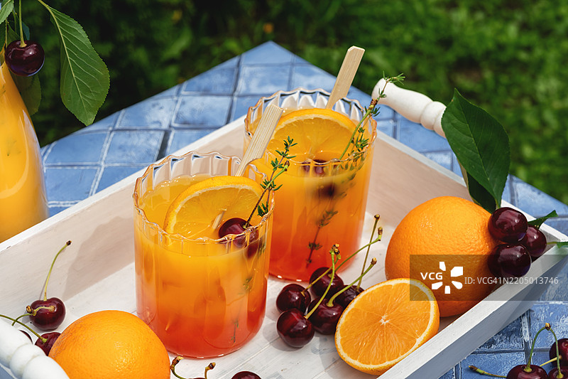 夏季鸡尾酒或无酒精鸡尾酒的橙汁和浆果饮品图片素材