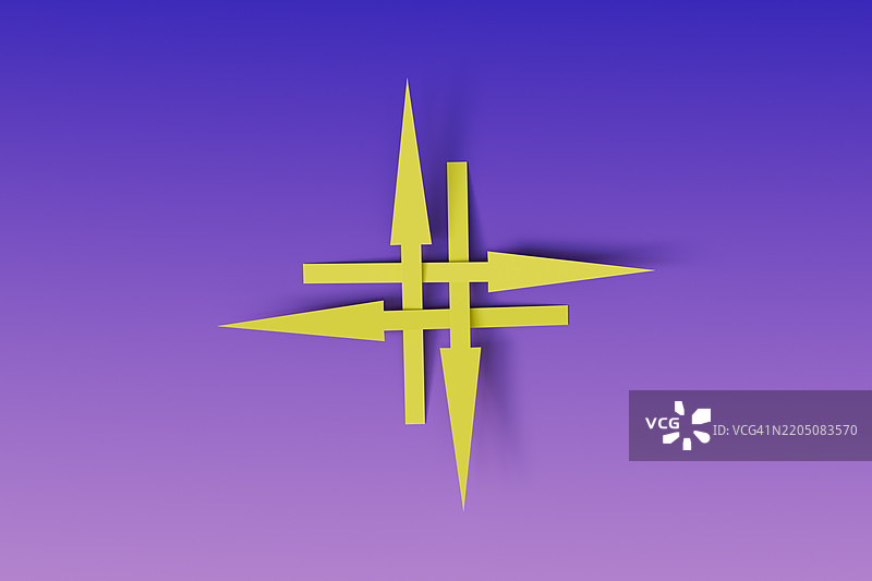 蓝到紫色渐变背景上的几何黄色箭头设计图片素材