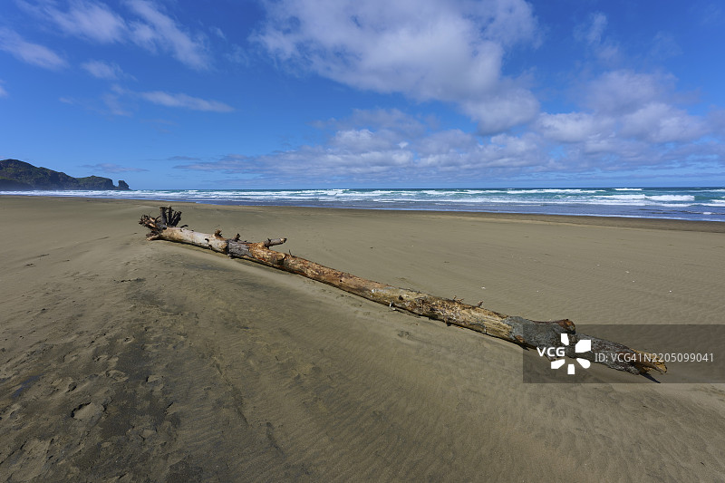 沙滩上的漂流木与多云的天空，贝塞尔斯海滩，特亨加，奥克兰，新西兰，大洋洲图片素材