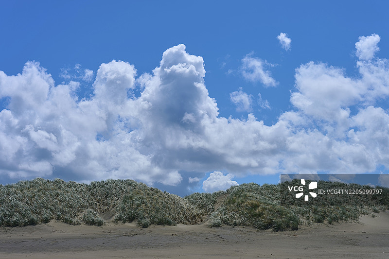 柔软的沙丘在白云翻滚的天空下，贝瑟尔斯海滩，特亨加，奥克兰，新西兰，南太平洋图片素材
