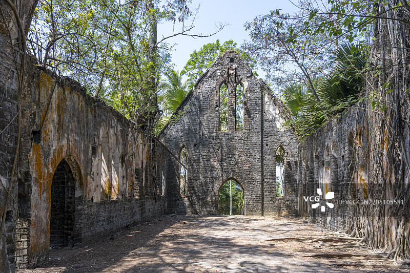 罗斯岛（内塔吉·苏巴斯·钱德拉·博斯岛），安达曼和尼科巴群岛的长老会教堂遗址图片素材