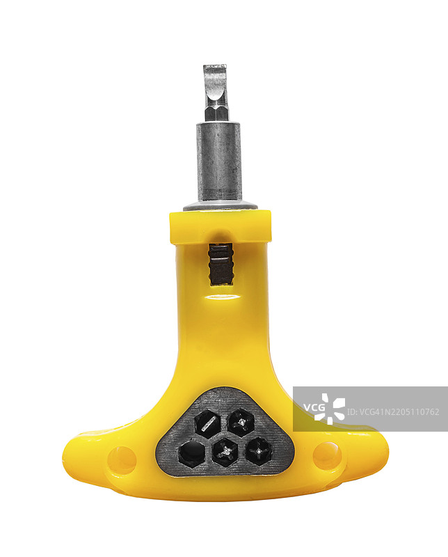 黄色可逆棘轮螺丝刀，白色背景独立展示图片素材