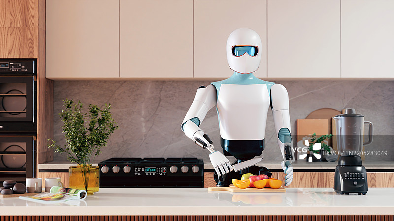 人工智能驱动的人形机器人在智能家居厨房中烹饪图片素材