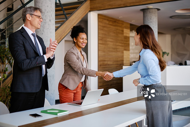 成功面试后的女商人握手致意图片素材
