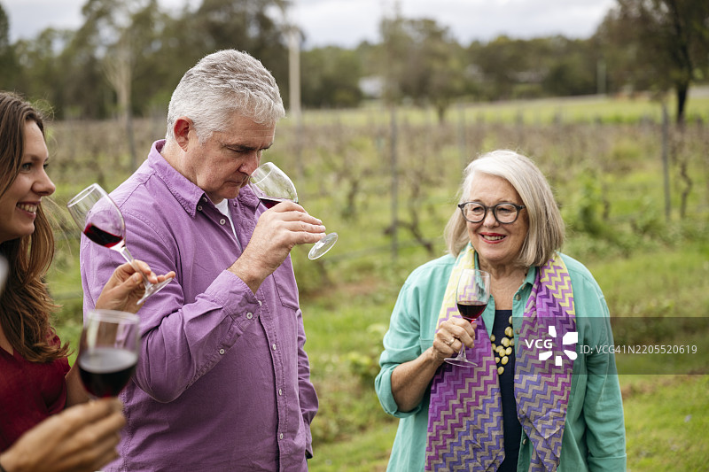 酒品鉴师在葡萄园户外享受红酒品鉴。图片素材