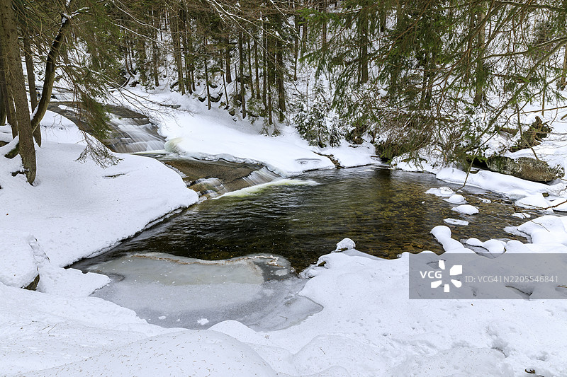 穆梅尔瀑布在雪中，位于捷克共和国巨人山脉的哈拉赫斯多夫附近。图片素材