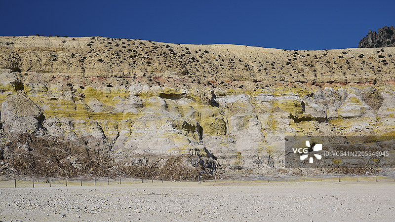 火山口壁上有黄色和米色岩石层,蓝天之下,火山活动,斯特法诺斯火山口,尼西罗斯岛,多德卡尼斯群岛,希腊,欧洲图片素材