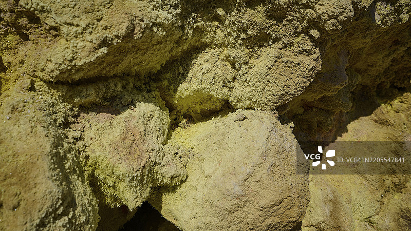 岩石表面详细视图，带有黄色和绿色矿物沉积，火山活动，火山岛，波利沃提斯火山口，尼西罗斯，德德卡尼斯，希腊群岛，希腊，欧洲图片素材