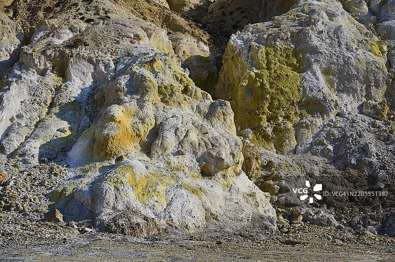 地质岩层,呈现黄色和灰色调,火山活动,火山岛,斯特法诺斯火山口,尼西罗斯,多德卡尼斯群岛,希腊,欧洲图片素材