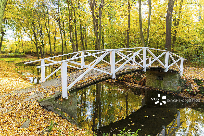 秋季的城堡护城河上的桥，赫姆斯多夫城堡公园，奥滕多夫-奥克里拉，萨克森，德国，欧洲图片素材