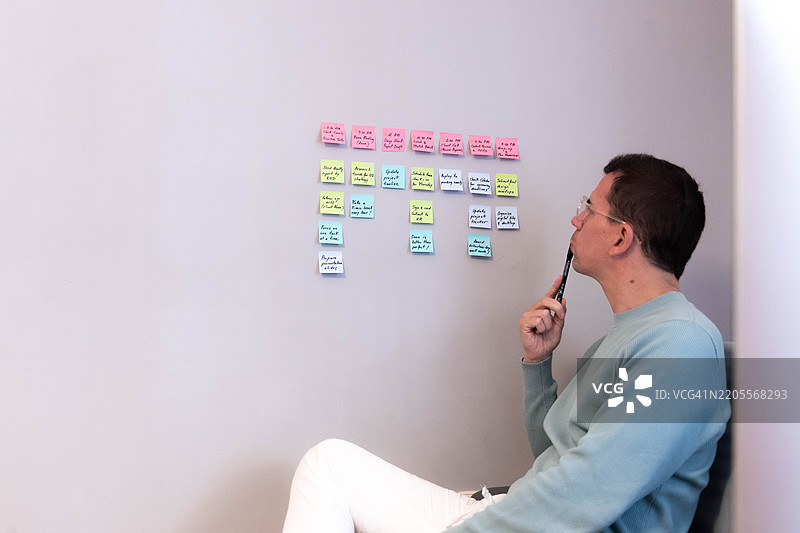 男人在墙上用五颜六色的便利贴整理待办工作图片素材
