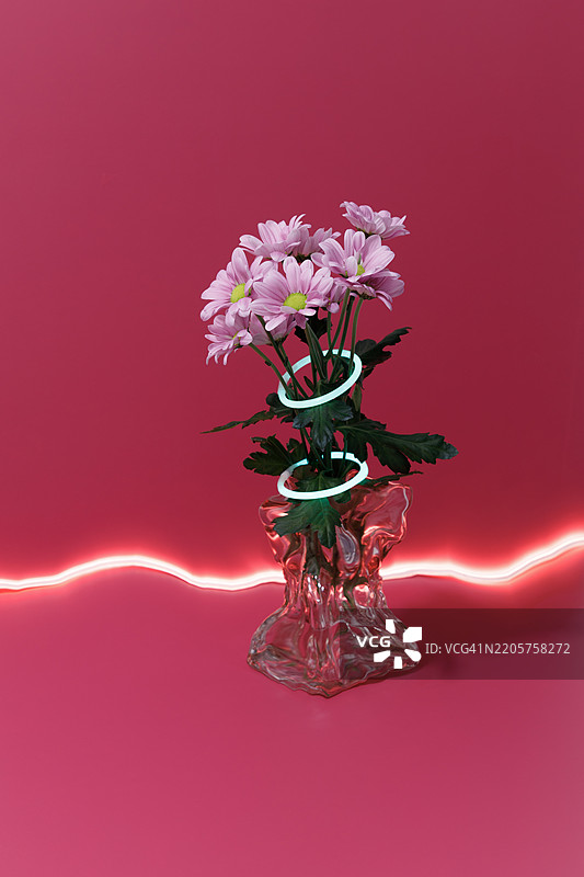 深绿色花瓶中的墨水花朵，背景为紫红色，带有霓虹灯条。图片素材