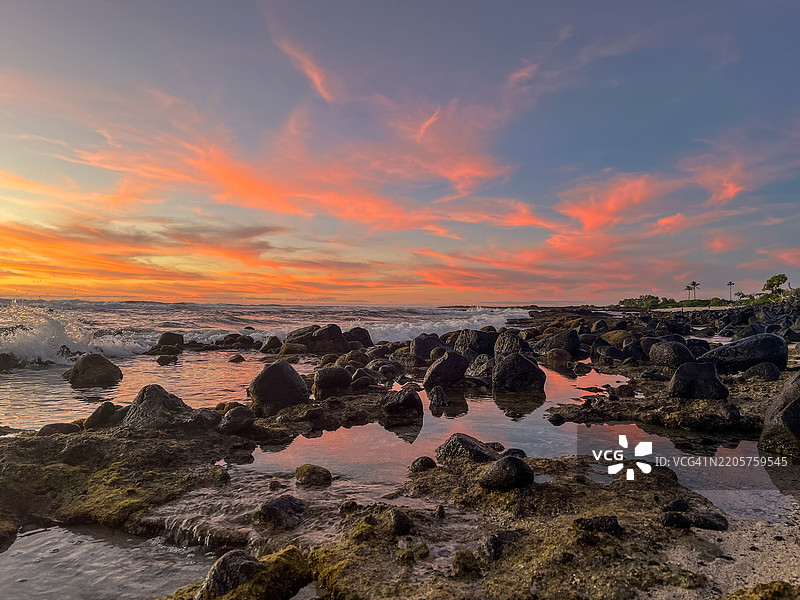 海景与橙色天空，凯鲁瓦-科纳，夏威夷，美国图片素材