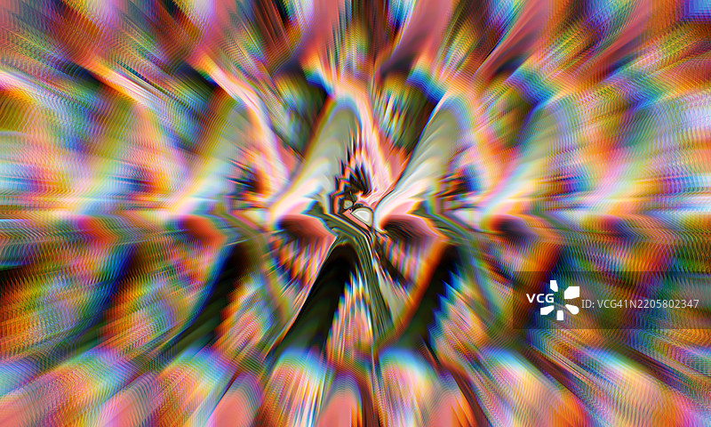 抽象数字故障艺术，色彩斑斓的扭曲波浪。 一幅超现实的抽象数字艺术作品，展现了生动的故障般扭曲和波浪状模糊图案。图片素材