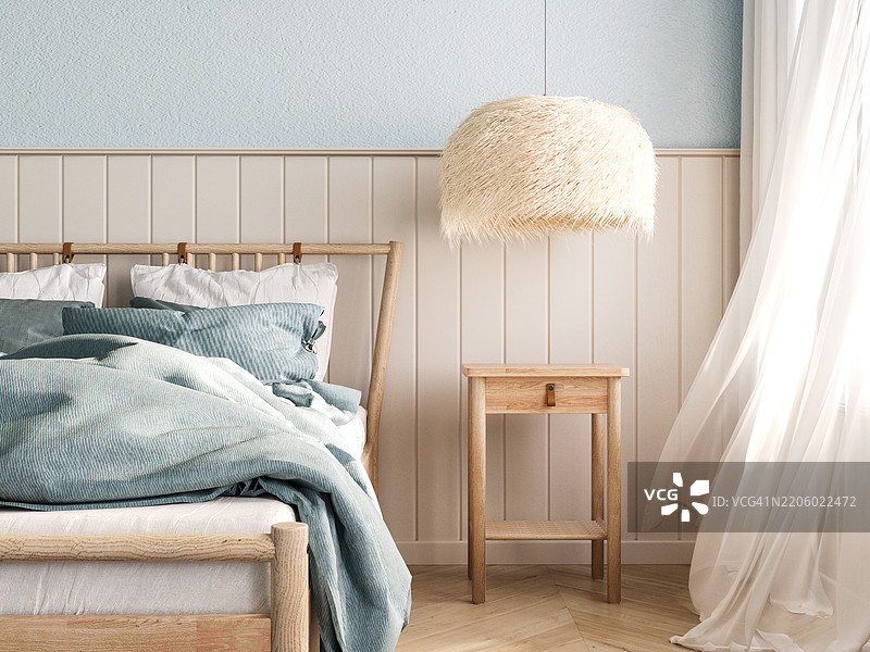 海滨卧室设计，配有木质床家具、蓝色墙壁和木质墙板。室内效果图。3D渲染。图片素材