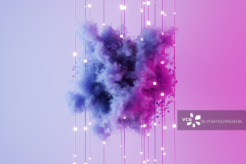 带有霓虹电线的云，未来科技背景，云技术概念图片素材