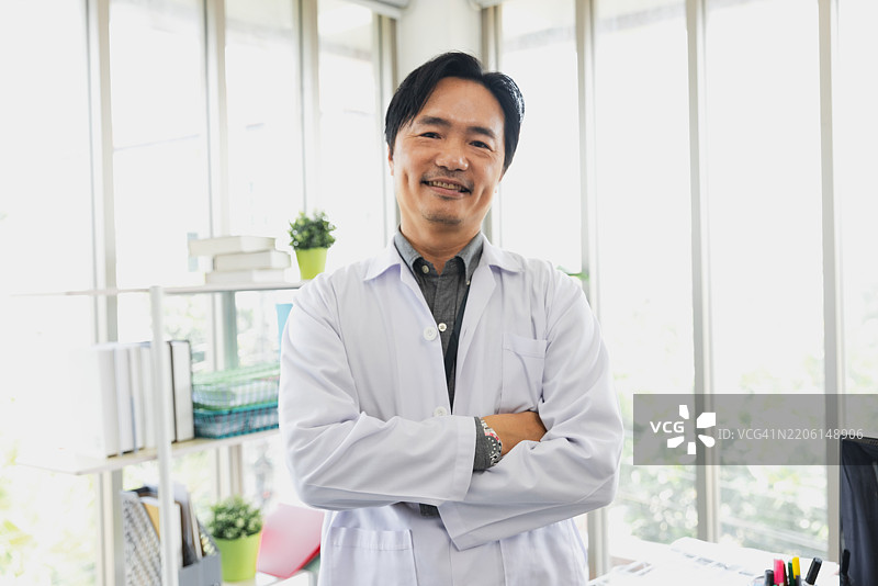医生在现代办公室中微笑自信，双臂交叉，正值下午。图片素材