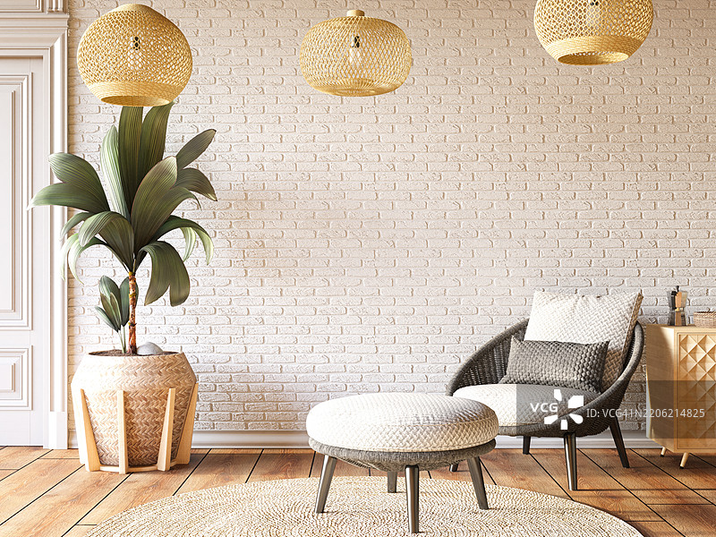 现代斯堪的纳维亚风格房间，空白的白色砖墙图片素材