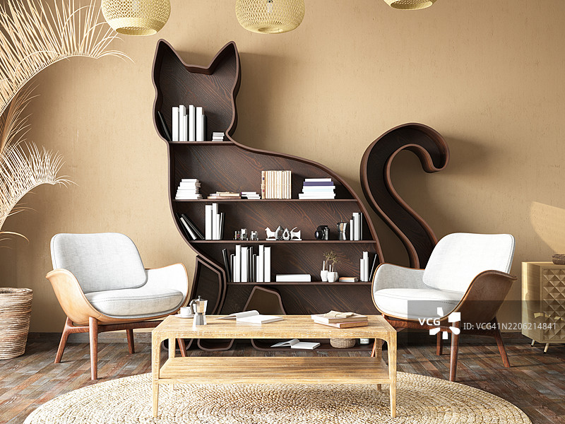 舒适房间里的猫形书架图片素材