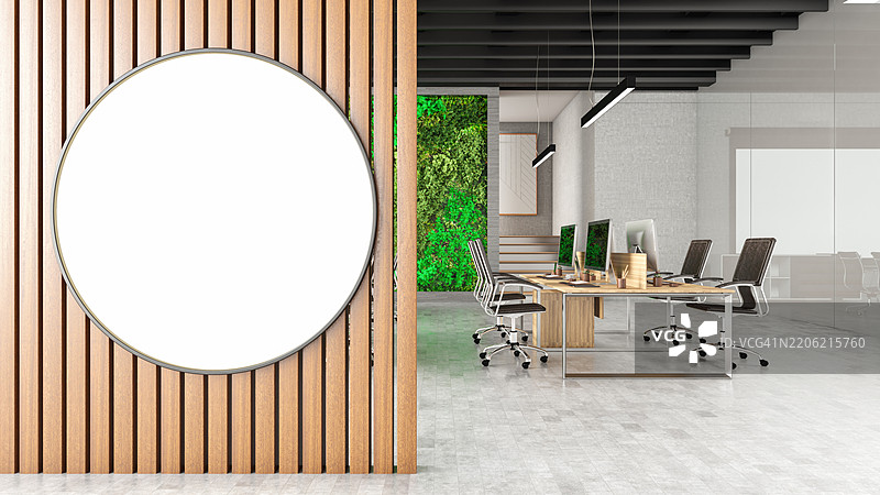 现代办公室木墙上的圆形模拟标志图片素材