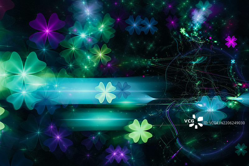 抽象发光花卉元素与光线条纹。圣帕特里克节的三叶草漩涡图案。黑色背景上的抽象绿色分形虚化插图。图片素材