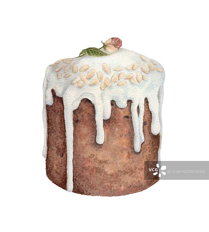 复活节蛋糕糖霜，水彩插图，复古风格。节日库里奇面包装饰着花朵和杏仁。手绘艺术，适合节日设计。春季烹饪卡片模板。图片素材