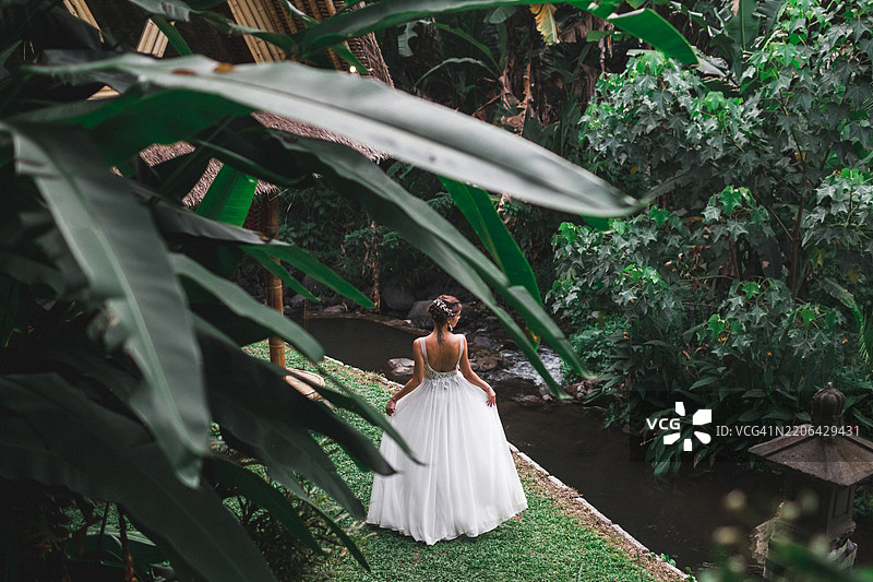 身穿优雅婚纱的新娘在热带河边环境中图片素材