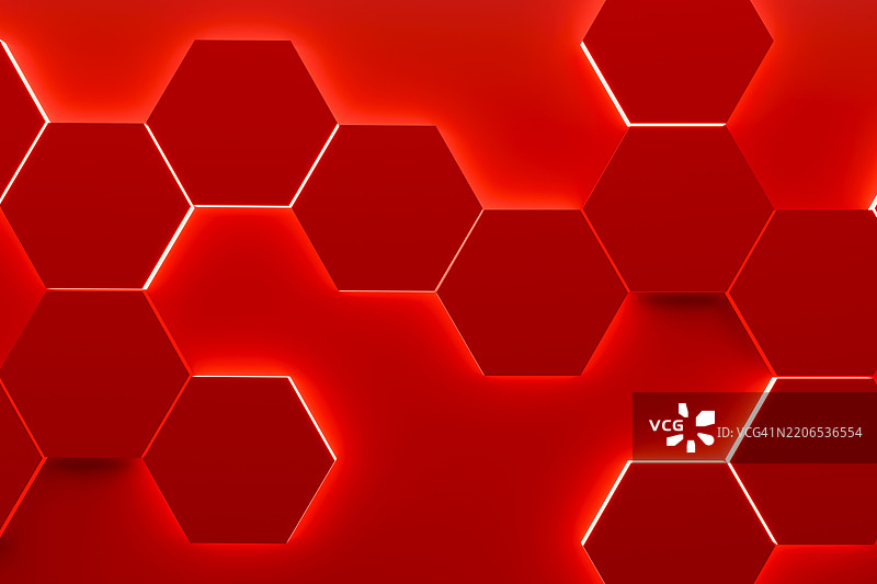 未来感的红色六边形背景，带有发光的霓虹边缘。抽象的几何设计，具有3D效果和照明线条，完美适用于现代科技、科幻、数字和美学创新概念。图片素材